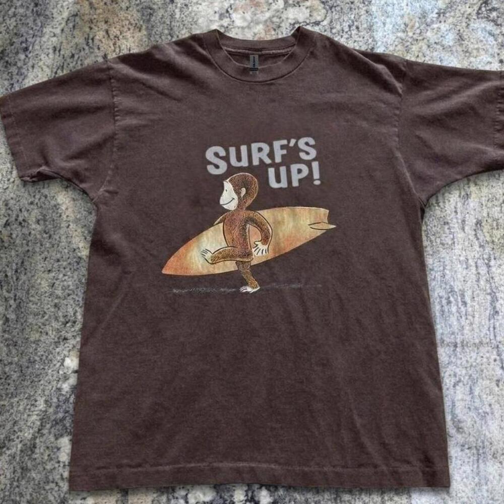 Gildan Brown T Shirt Brown Surf_S Up Tee With Monkey Design